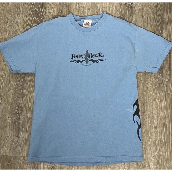 Vintage 90s T Shirt Papas & Beer Surf Tribal Graphic Print Tee Mexico Blue Large - Picture 1 of 5